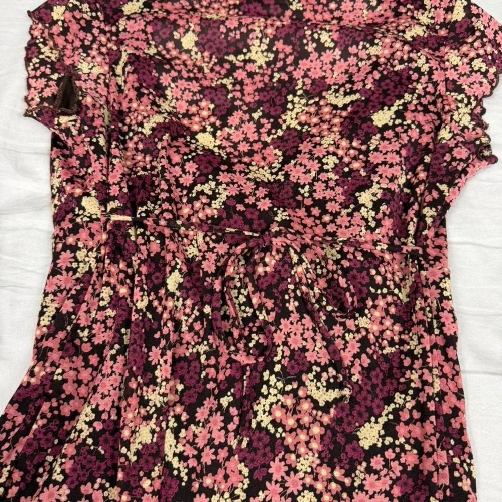 Vintage y2k Self Esteem pink/red floral babydoll short sleeve tie back top - Picture 6 of 6